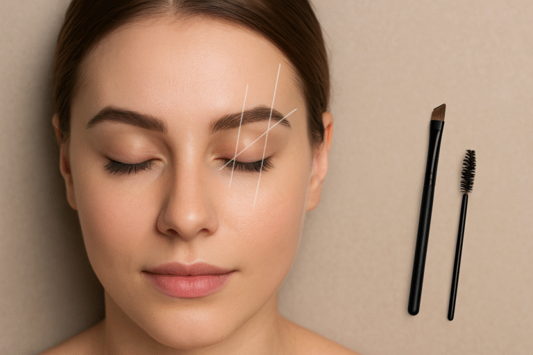 Schemat doboru kształtu brwi do rysów twarzy z zaznaczonymi punktami łuku