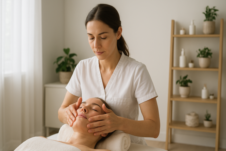 Terapeutka wykonująca masaż Kobido na twarzy klientki w gabinecie