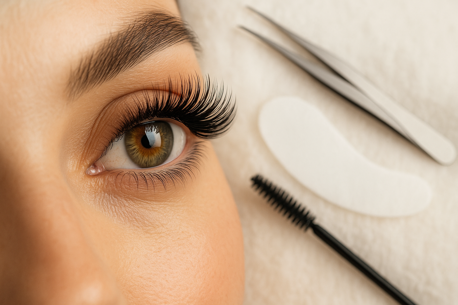 Zbliżenie na oko z idealnie przedłużonymi rzęsami po stylizacji